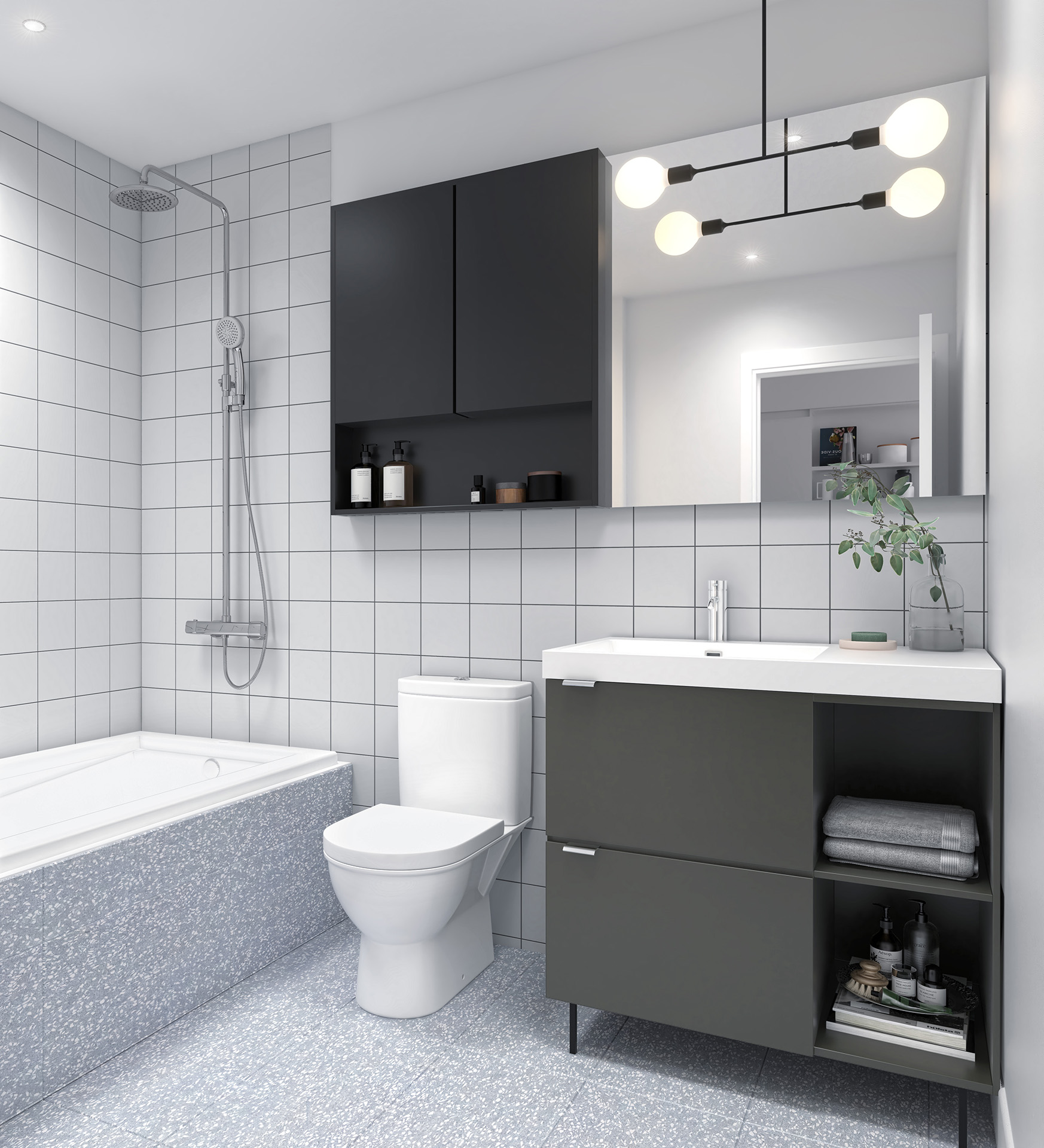 La salle de bain d'Esplanade Cartier avec les choix de finition "Gris foncé"