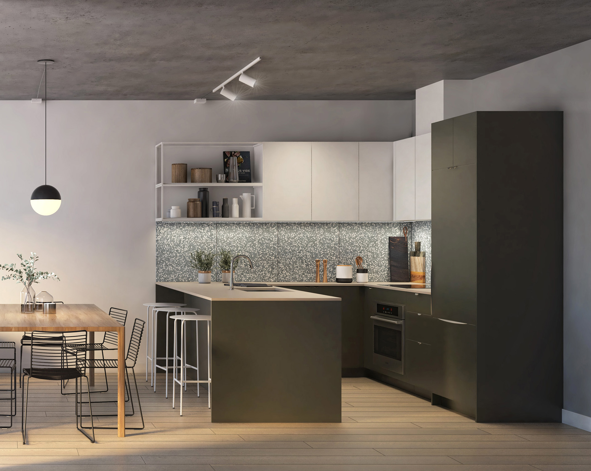 La cuisine d'Esplanade Cartier avec les choix de finition "Gris foncé"