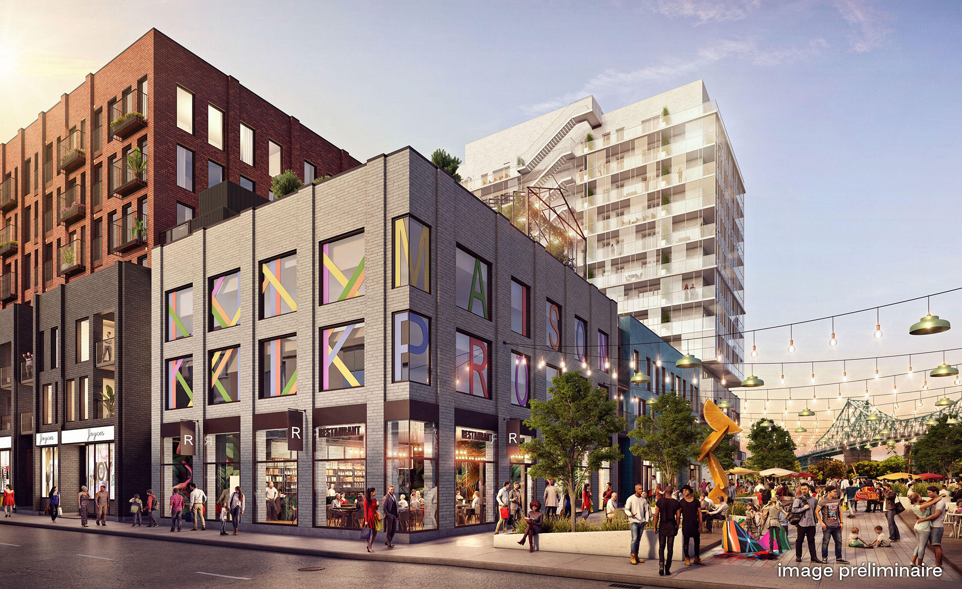 Des gens se rencontrent dans les commerces et la placette du projet de condos Esplanade Cartier.